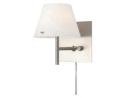 Alico Chapeau WS7200-10-16M sconce with a white tapered shade, satin nickel square backplate and round control