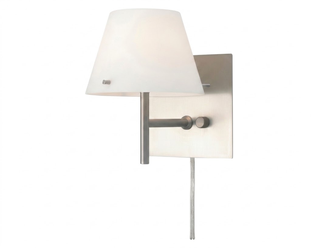 Alico Chapeau WS7200-10-16M sconce with a white tapered shade, satin nickel square backplate and round control