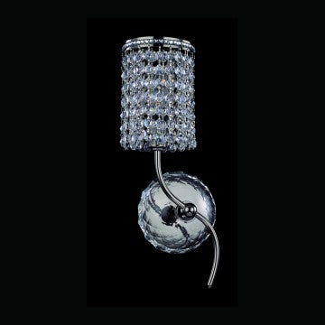 Allegri Bedetti left-hand wall sconce with a clear bead cylinder, flowing chrome arm and rippled round plate