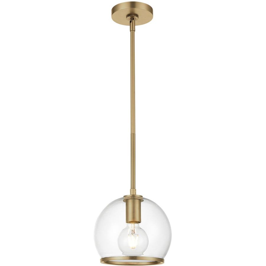 Coast pendant with a clear rounded glass vessel, vintage-brass rim and socket, and one visible bulb.