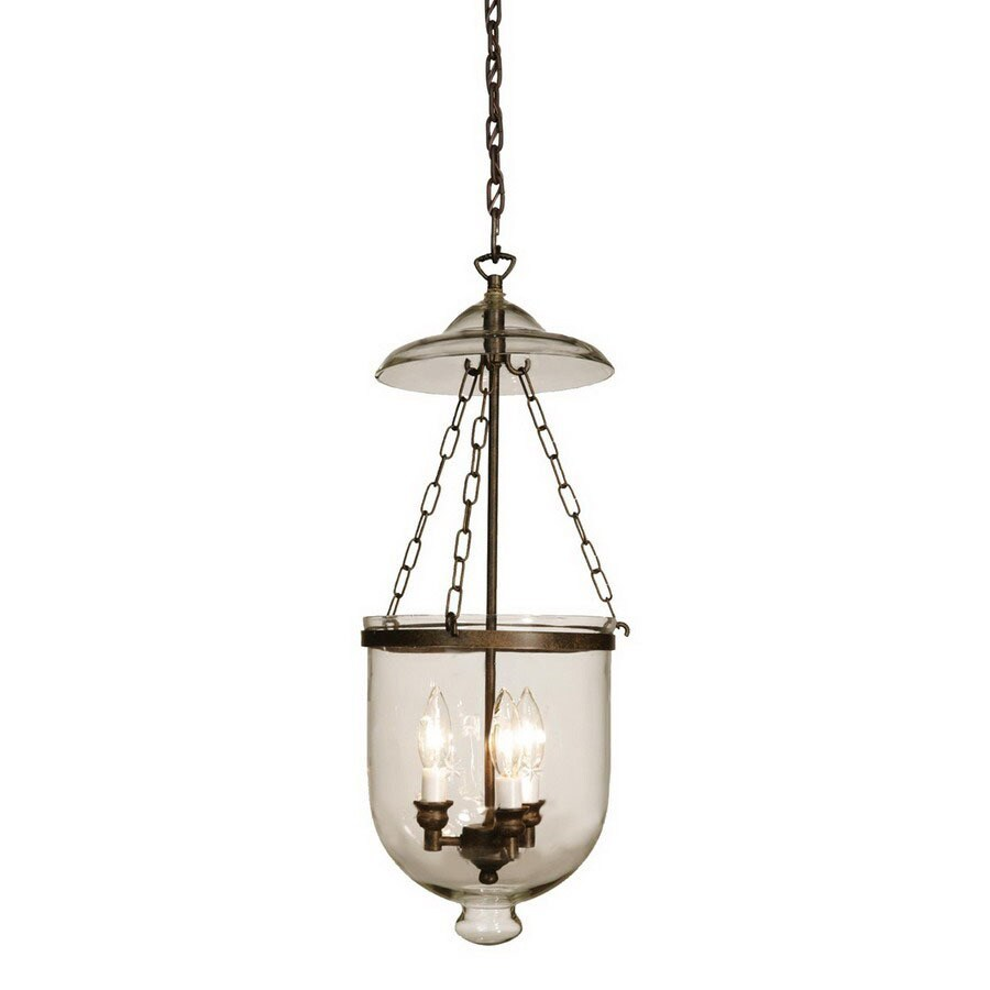 Apothecary pendant with a clear rounded vessel, three candle-style lights and dark bronze cap and chain supports.