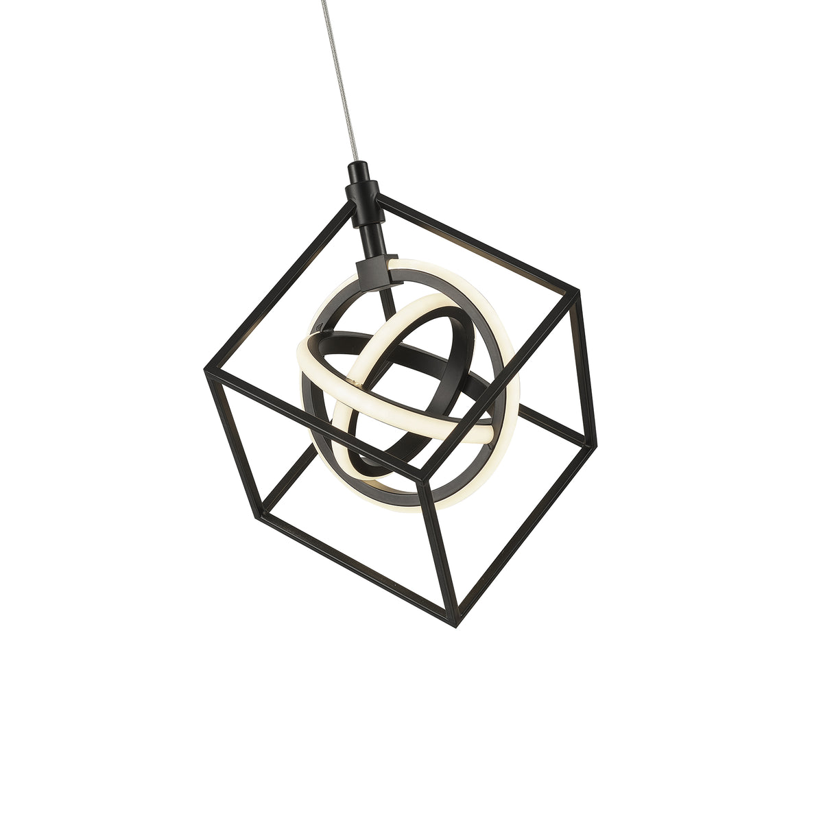 Detail of the Tulip pendant's crossing luminous bands within its angular black frame