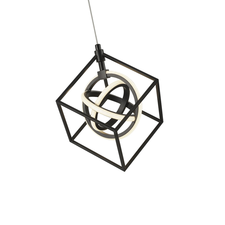 Detail of the Tulip pendant's crossing luminous bands within its angular black frame