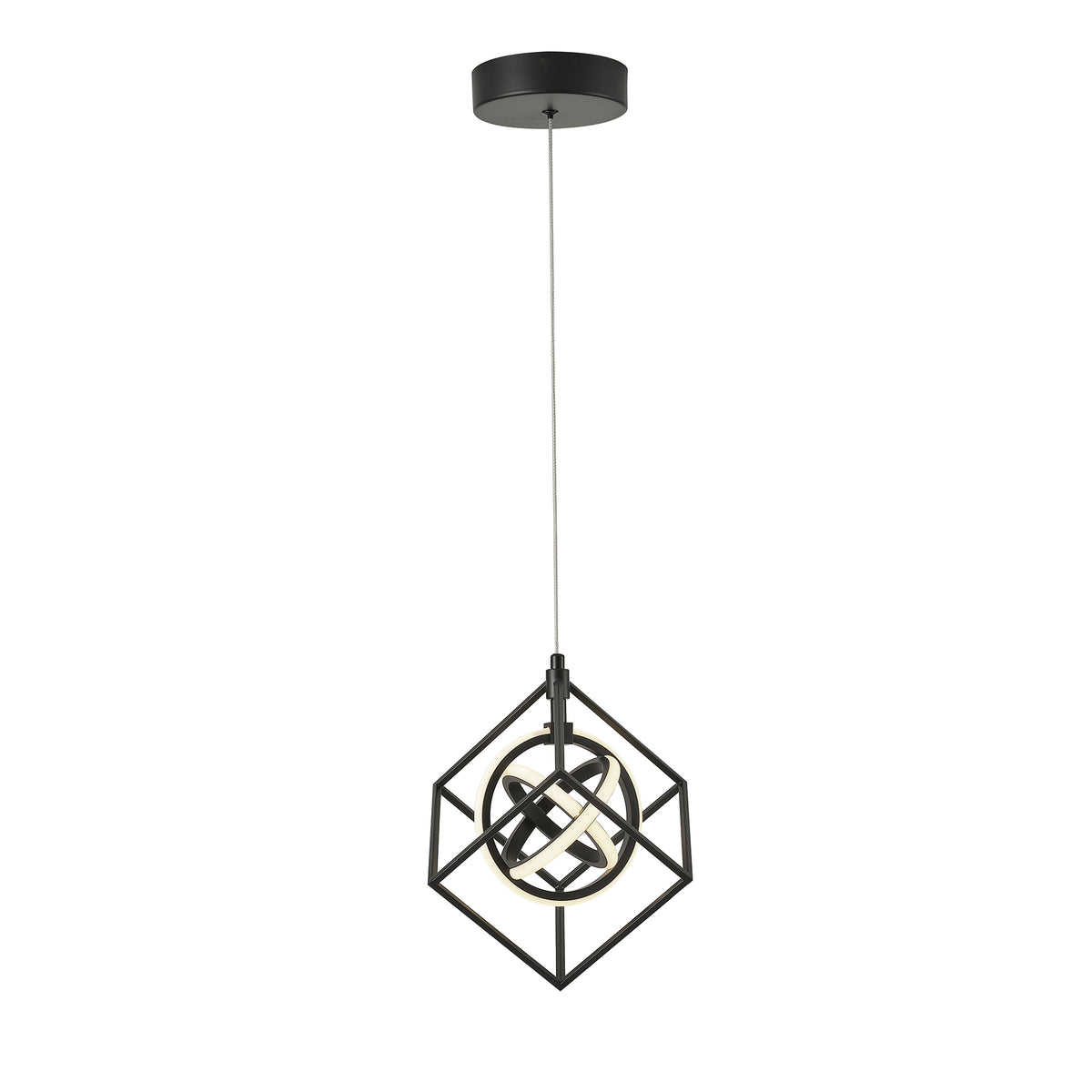 Artcraft Tulip pendant with intersecting luminous rings inside a matte black cube