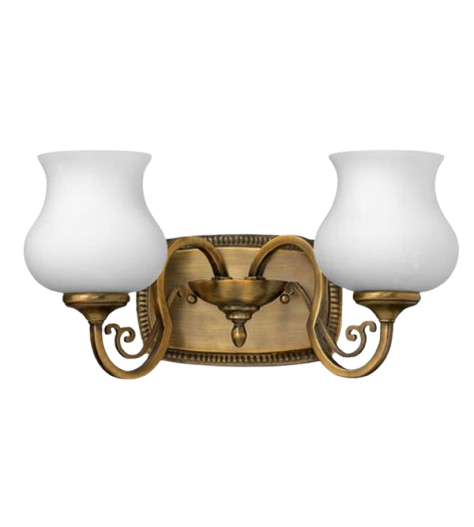 Hinkley Olivia bronze vanity light with scrolling arms, a beaded backplate and two white urn-shaped shades.