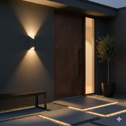 18-inch Brecon exterior sconce lighting a patio wall at dusk