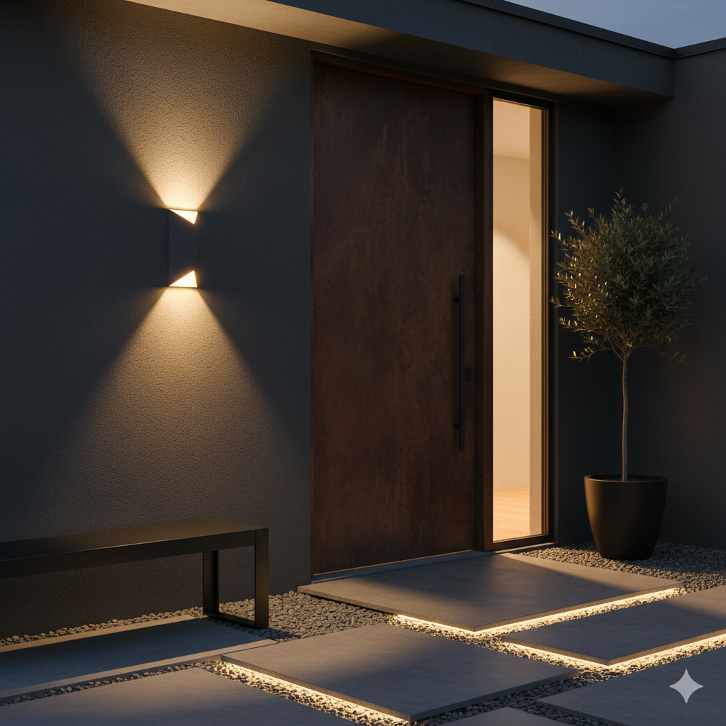18-inch Brecon exterior sconce lighting a patio wall at dusk