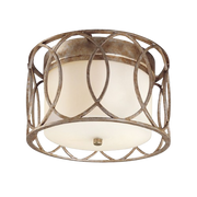 Troy Sausalito C1280-SG flush mount with overlapping oval metal bands around a pale drum shade