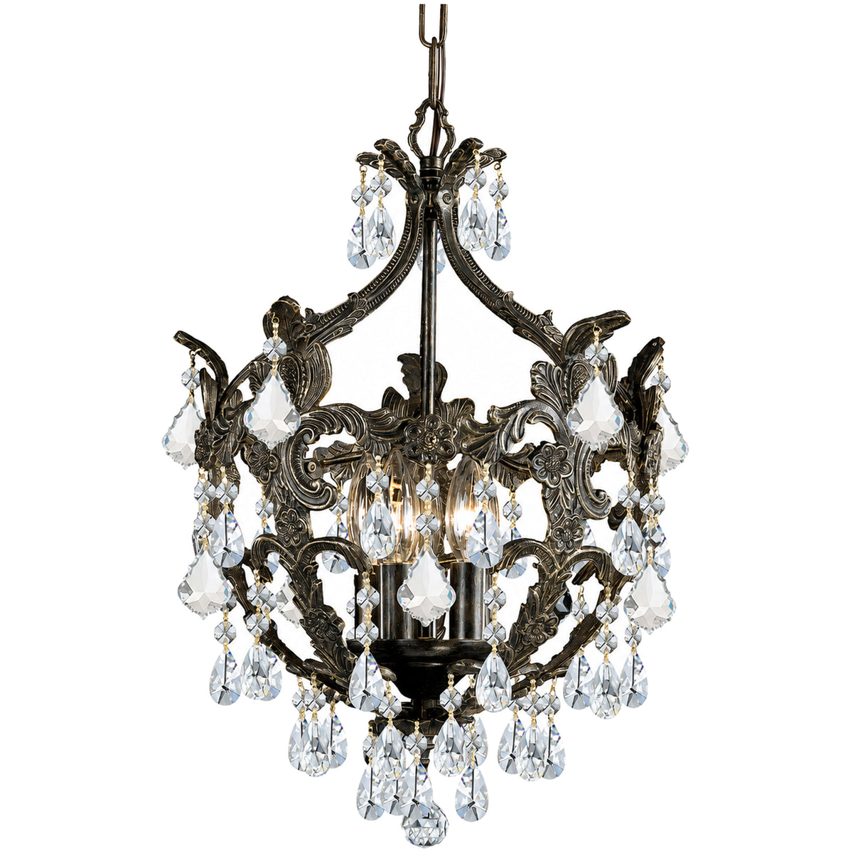 Crystorama Legacy English Bronze chandelier with curling branches, clear drops and draped strands