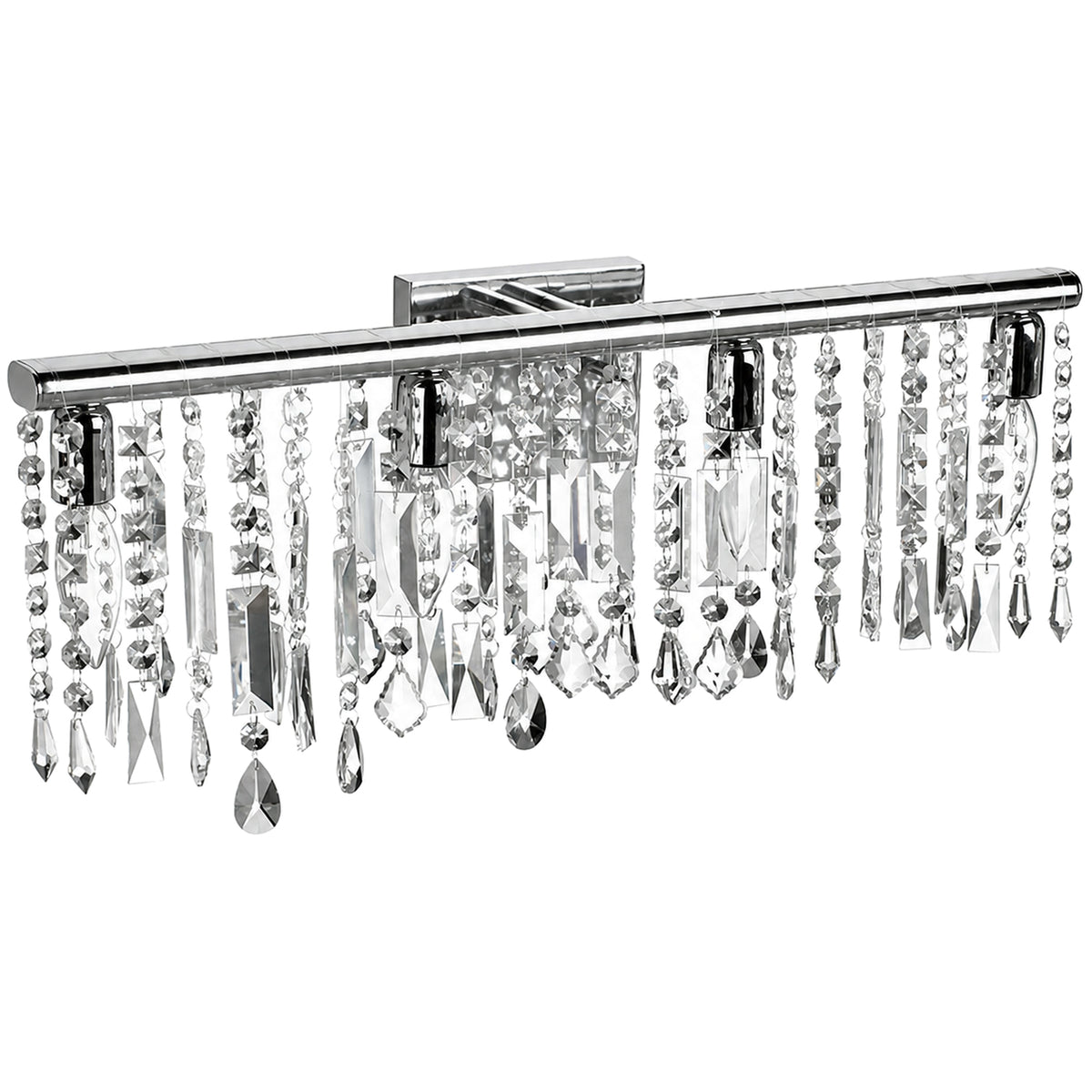 Dainolite Bohemian vanity light with a Polished Chrome bar and four positions framed by clear hanging accents