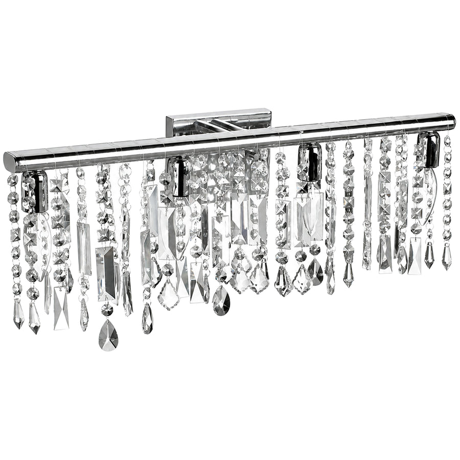 Dainolite Bohemian vanity light with a Polished Chrome bar and four positions framed by clear hanging accents
