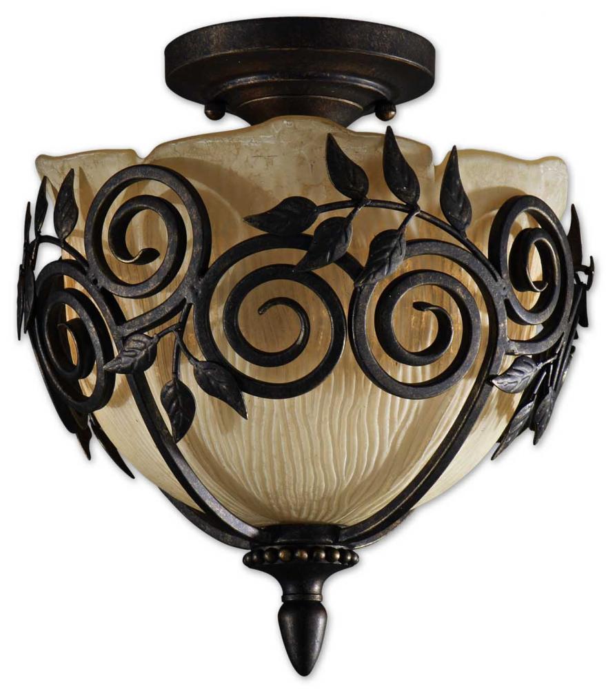 Uttermost Toulouse bowl light with scrolling metal vines, pointed leaves and a lower finial