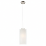 Essex DVP9021BN pendant seen from below, showing the stainless steel canopy and glass cylinder