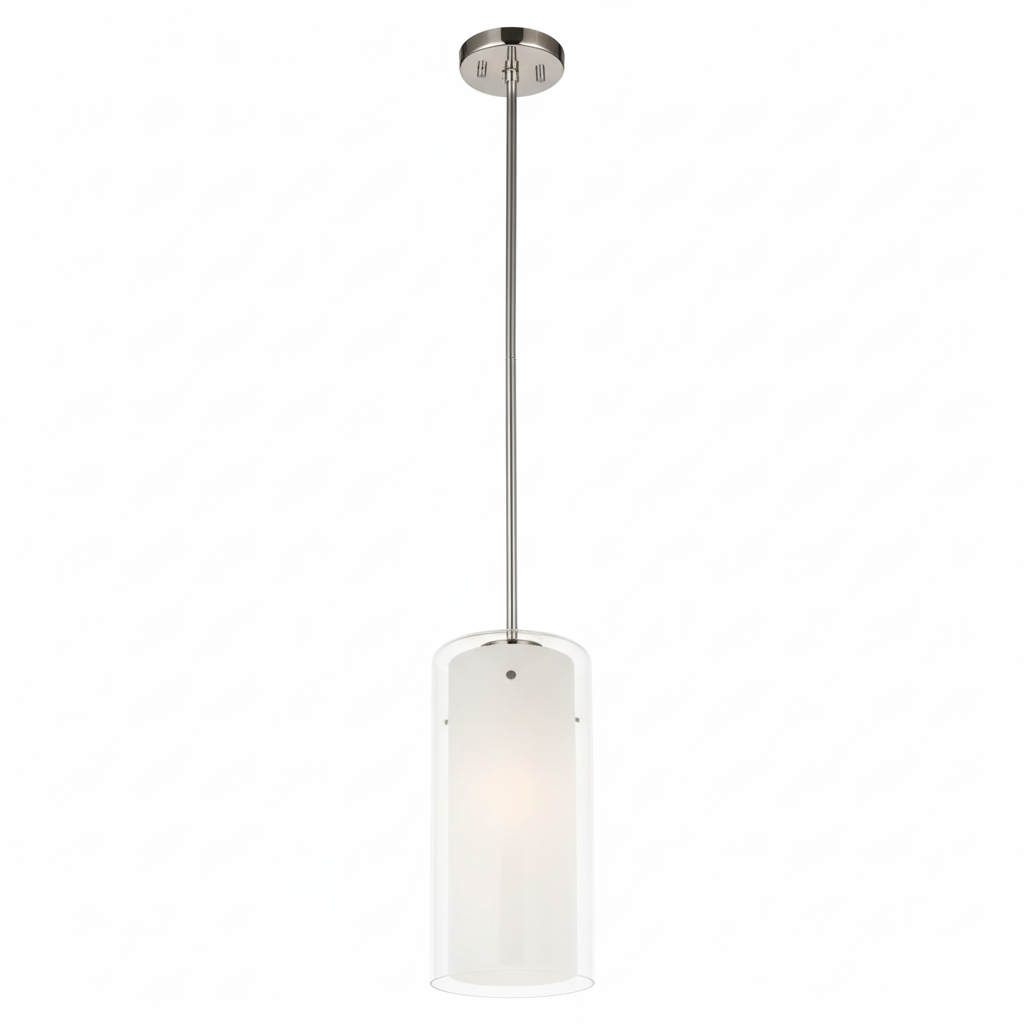 Essex DVP9021BN pendant seen from below, showing the stainless steel canopy and glass cylinder