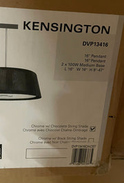 User-supplied DVI Kensington DVP13416CH-CST carton label showing Chrome chocolate string shade and UPC 061467027665