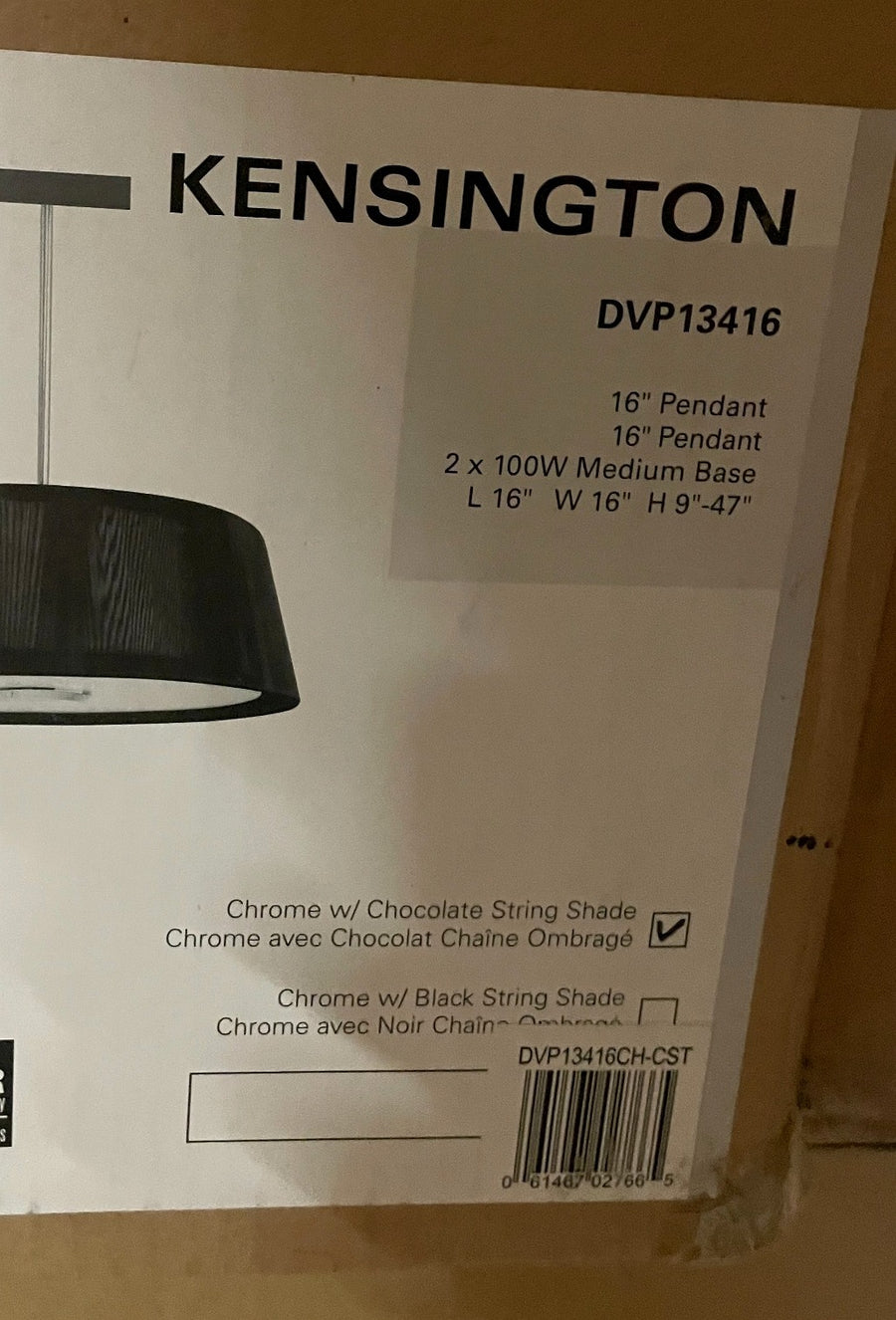 User-supplied DVI Kensington DVP13416CH-CST carton label showing Chrome chocolate string shade and UPC 061467027665