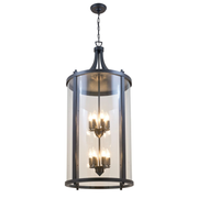 DVI Niagara DVP4412ORB bronze foyer pendant with a tall clear-glass lantern, two candle tiers and chain suspension.
