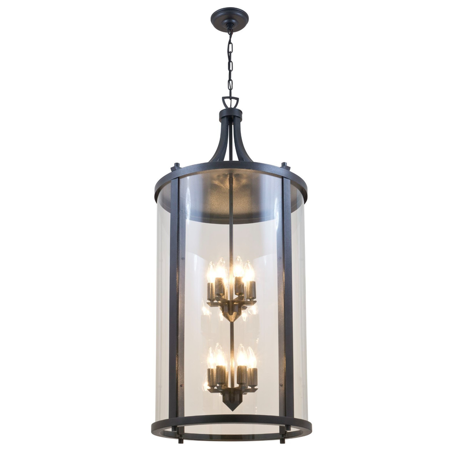 DVI Niagara DVP4412ORB bronze foyer pendant with a tall clear-glass lantern, two candle tiers and chain suspension.