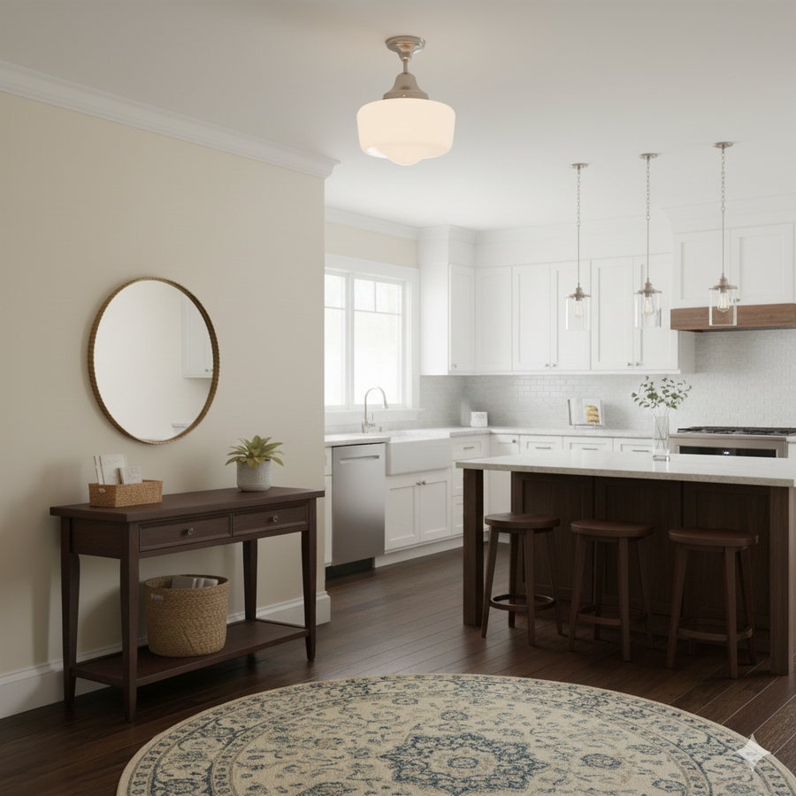 Schoolhouse ceiling light near a kitchen with separate pendant lights
