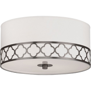 Robert Abbey Addison flush mount with a white drum shade and Patina Nickel quatrefoil-pattern band