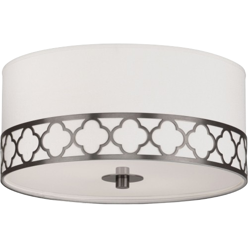 Robert Abbey Addison flush mount with a white drum shade and Patina Nickel quatrefoil-pattern band