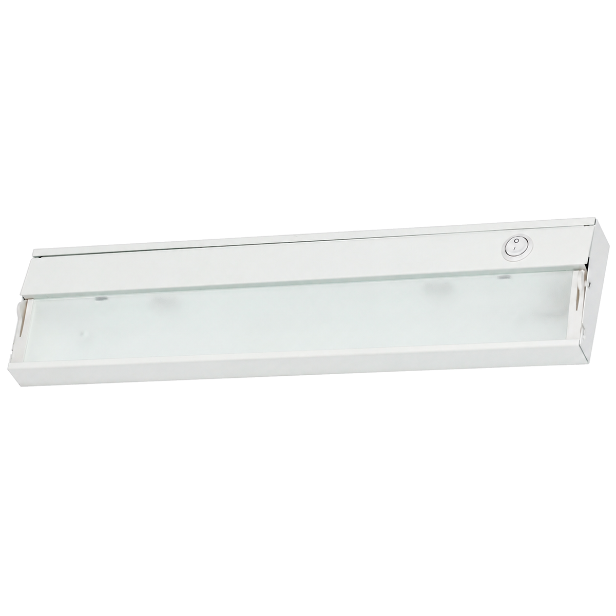 Slim white under-cabinet light with a translucent lower panel and a round end switch.