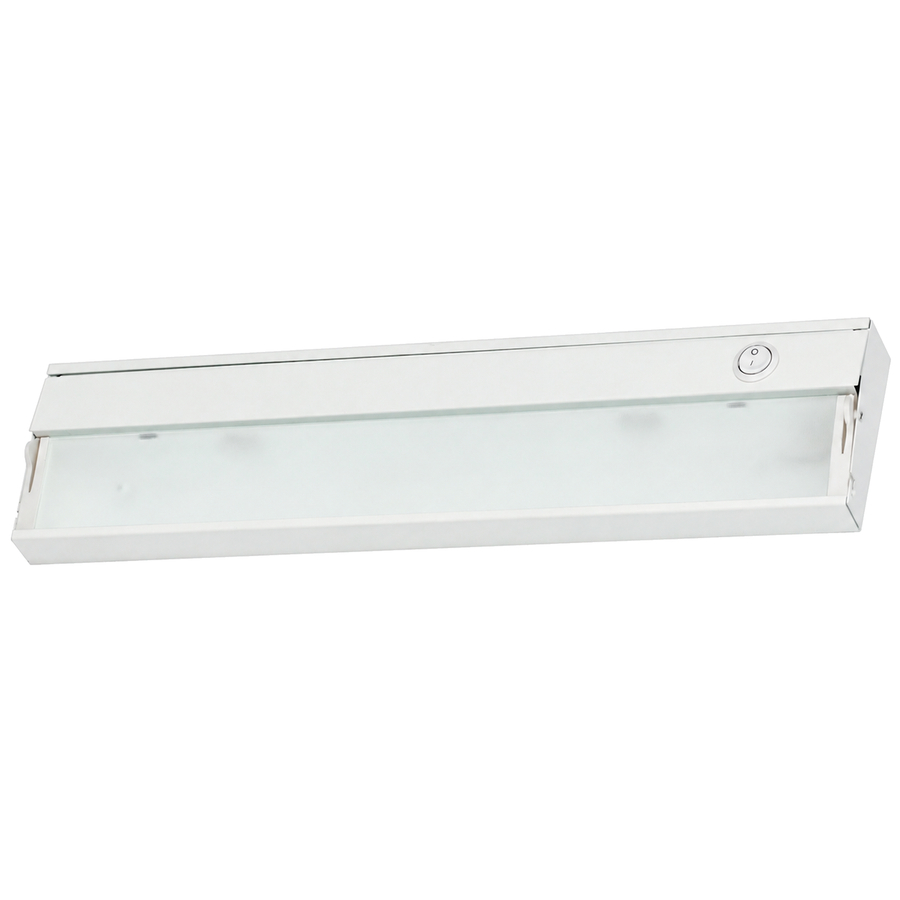 Slim white under-cabinet light with a translucent lower panel and a round end switch.
