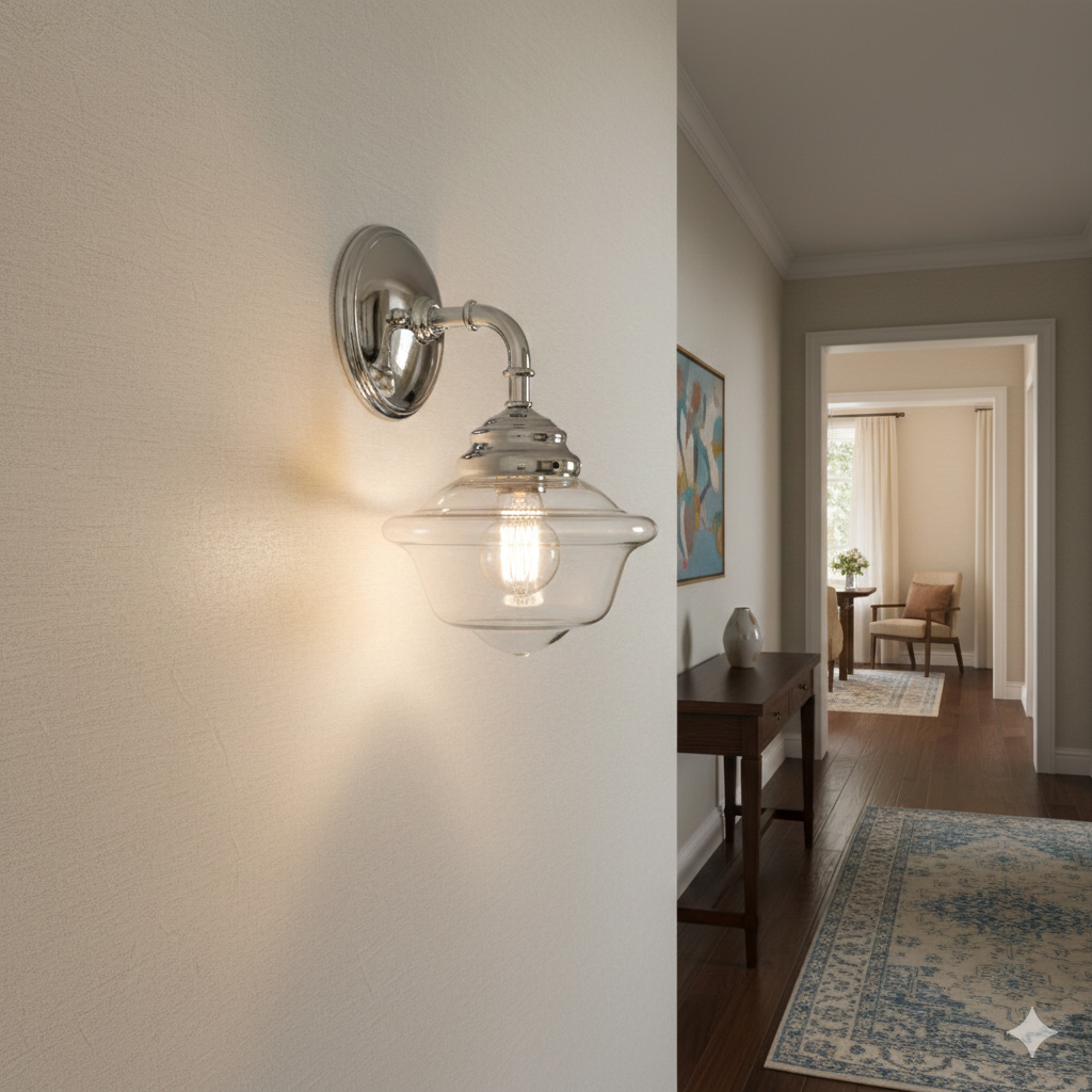 Fairfield chrome wall sconce with a clear bowl and curved arm in a hallway.