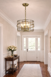 Boca mini chandelier mounted flush in a modern entryway ceiling