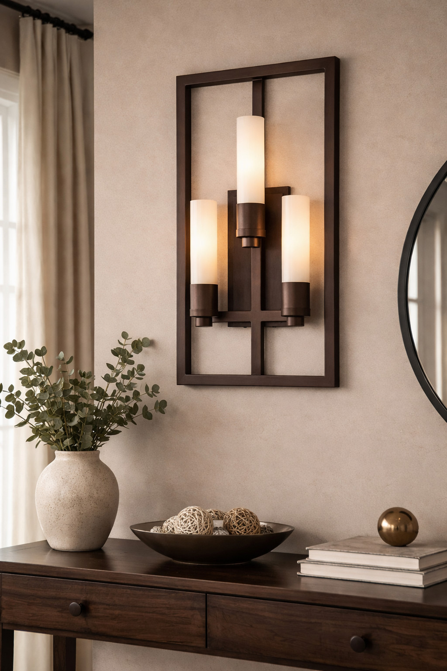 Flair three-torch wall sconce illuminated above a console beside a round mirror