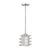 Fredrick Ramond Luxe mini pendant with Brushed Nickel hardware, a white cylindrical shade and stacked clear square tiers