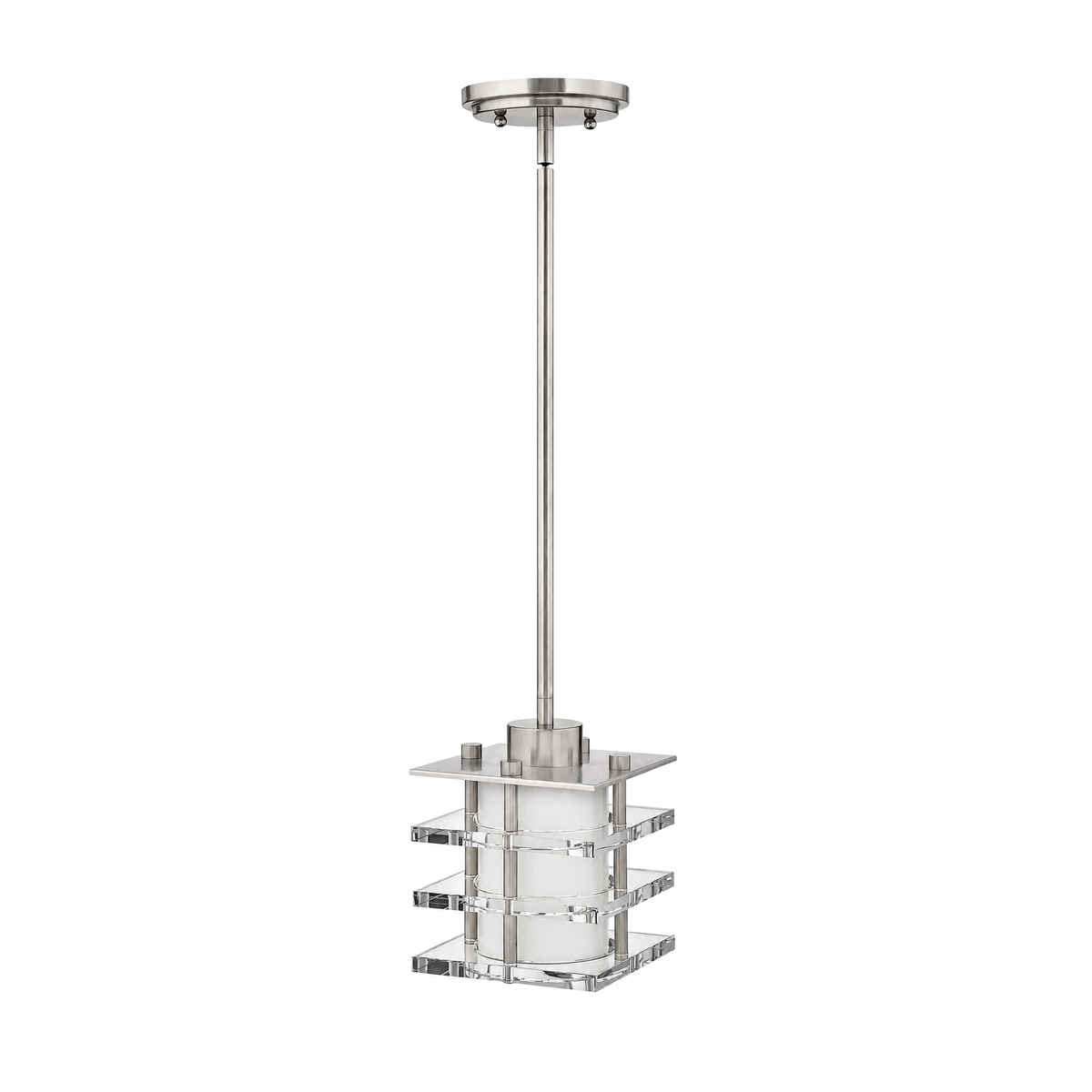 Fredrick Ramond Luxe mini pendant with Brushed Nickel hardware, a white cylindrical shade and stacked clear square tiers