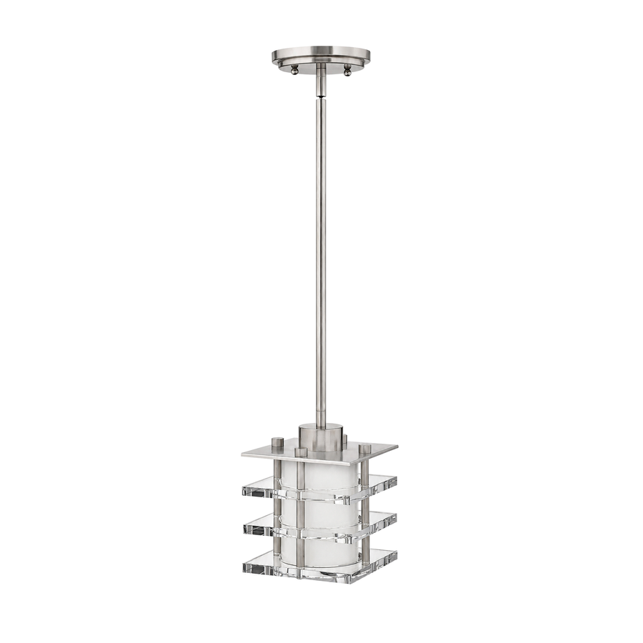 Fredrick Ramond Luxe mini pendant with Brushed Nickel hardware, a white cylindrical shade and stacked clear square tiers