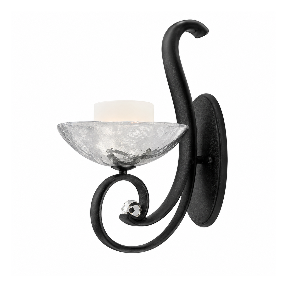 Fredrick Ramond Muse wall sconce with a scrolling Blacksmith frame and mottled glass