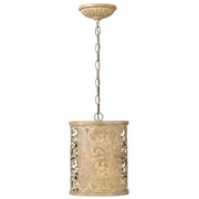 Fredrick Ramond cylindrical pendant with champagne-toned scrolling cutout shade