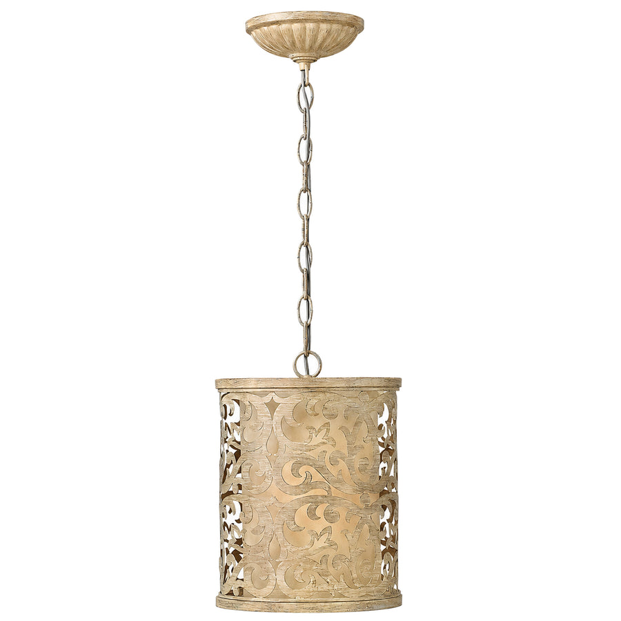 Fredrick Ramond cylindrical pendant with champagne-toned scrolling cutout shade