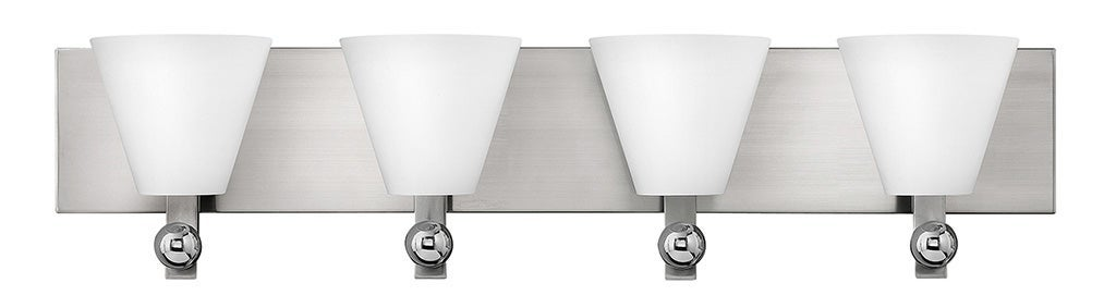 Fredrick Ramond Milan FR52124BNI Brushed Nickel four-light vanity with etched opal glass