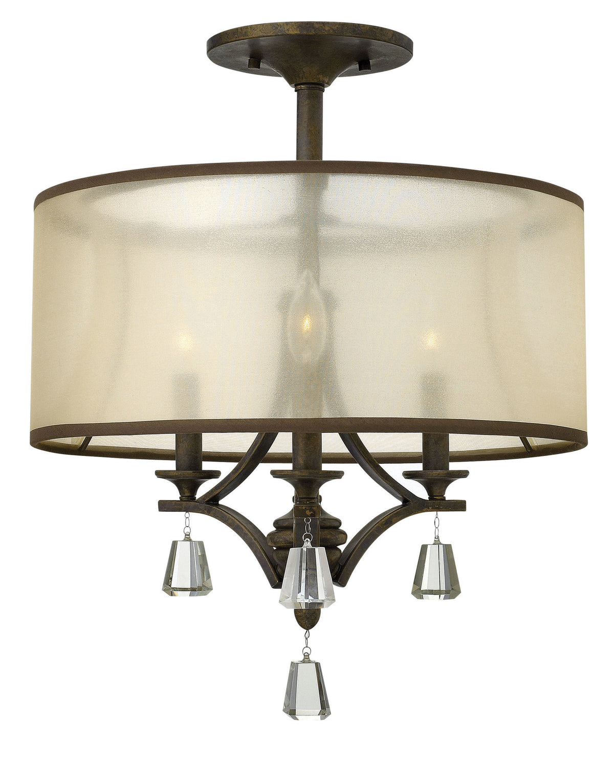 Fredrick Ramond Mime FR45601FBZ three-light French Bronze semi-flush mount with amber sheer shade and crystal accents