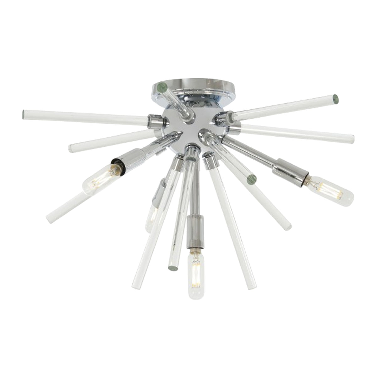 Alternate view of the Spiked starburst ceiling light with exposed lamp arms among straight rods