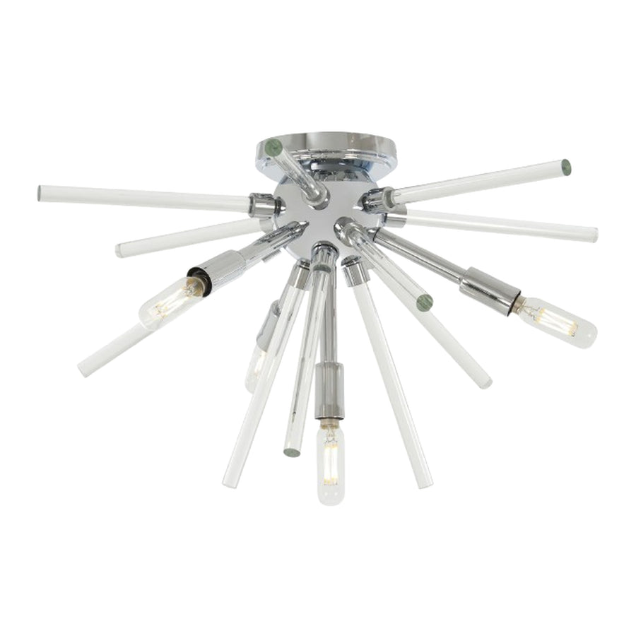 Alternate view of the Spiked starburst ceiling light with exposed lamp arms among straight rods