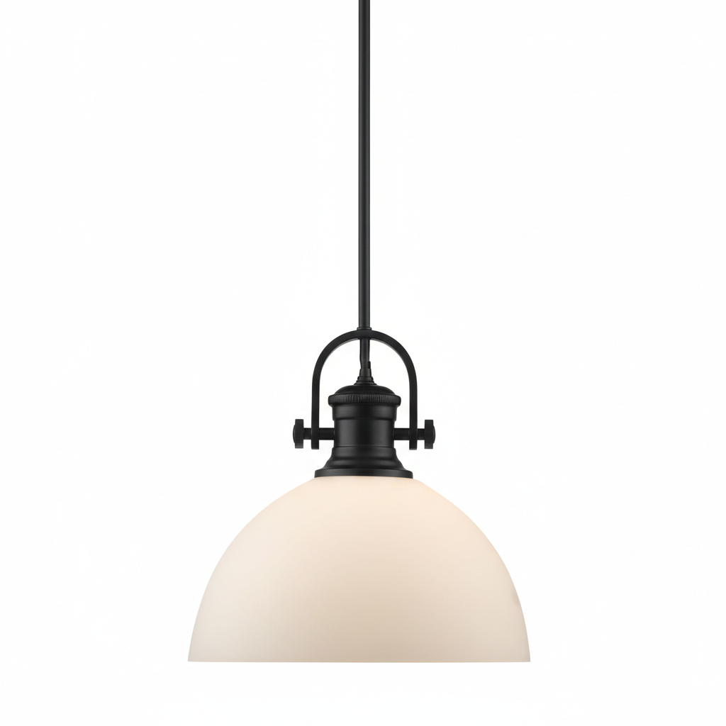 Black finished Hines hanging pendant lit above a kitchen island