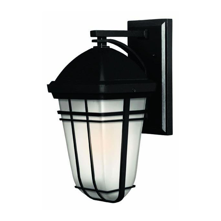 Second Buckley wall-lantern view showing crossing black frame bands and rounded lower cup