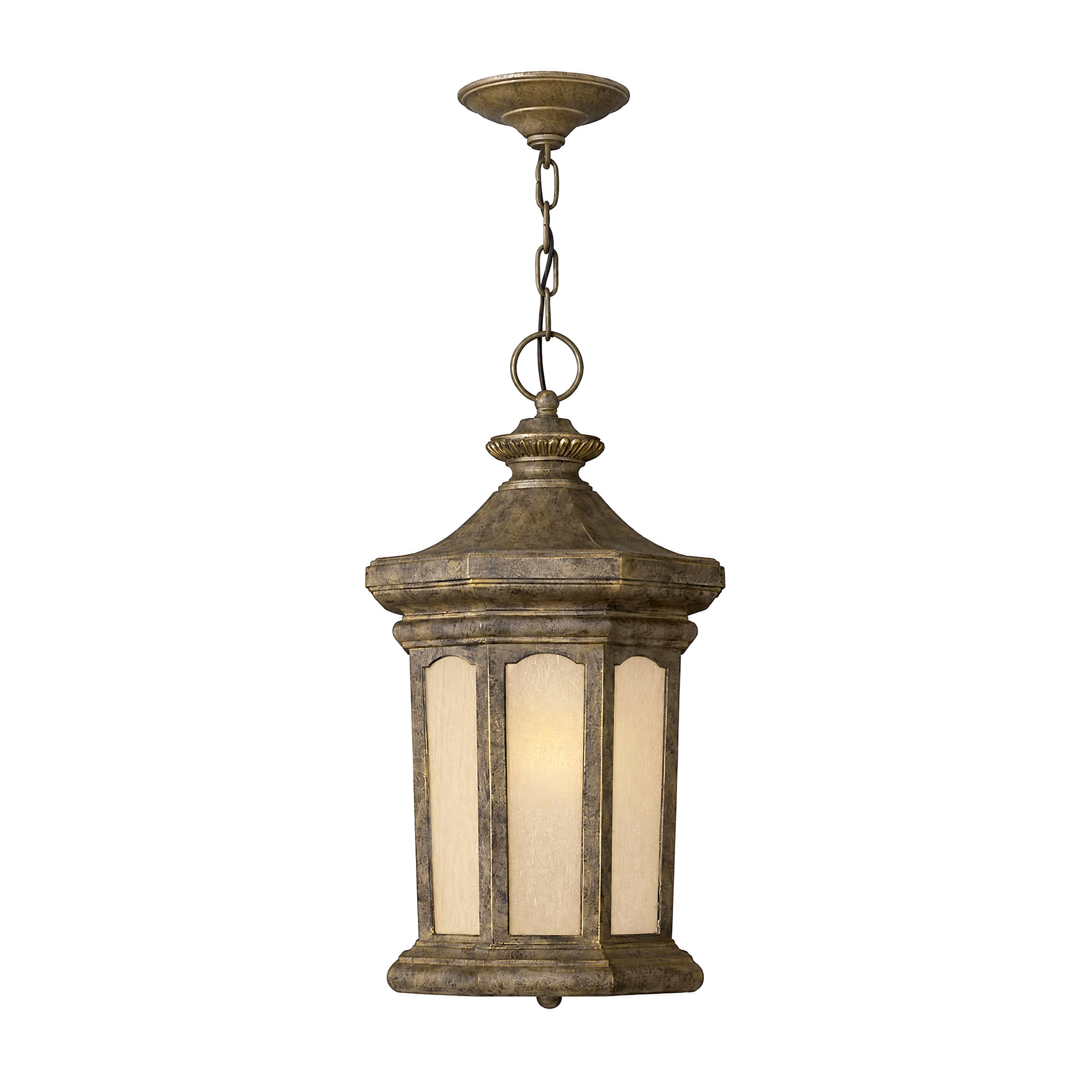 Hinkley Rowe Park bronze hanging lantern with tall amber panels and a shaped roof