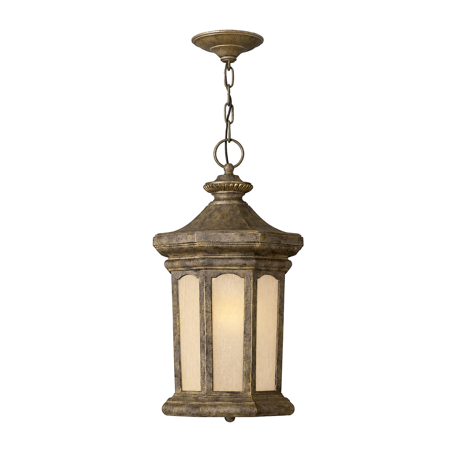 Hinkley Rowe Park bronze hanging lantern with tall amber panels and a shaped roof