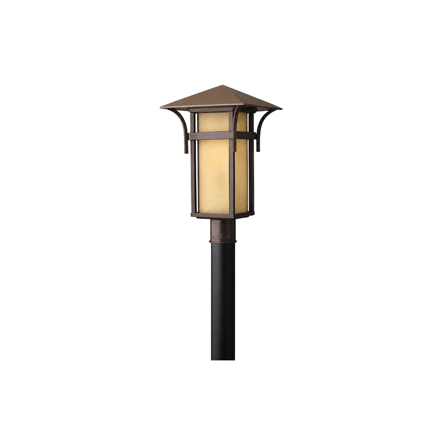 Hinkley Harbor tall bronze post lantern with amber panels and a broad roof