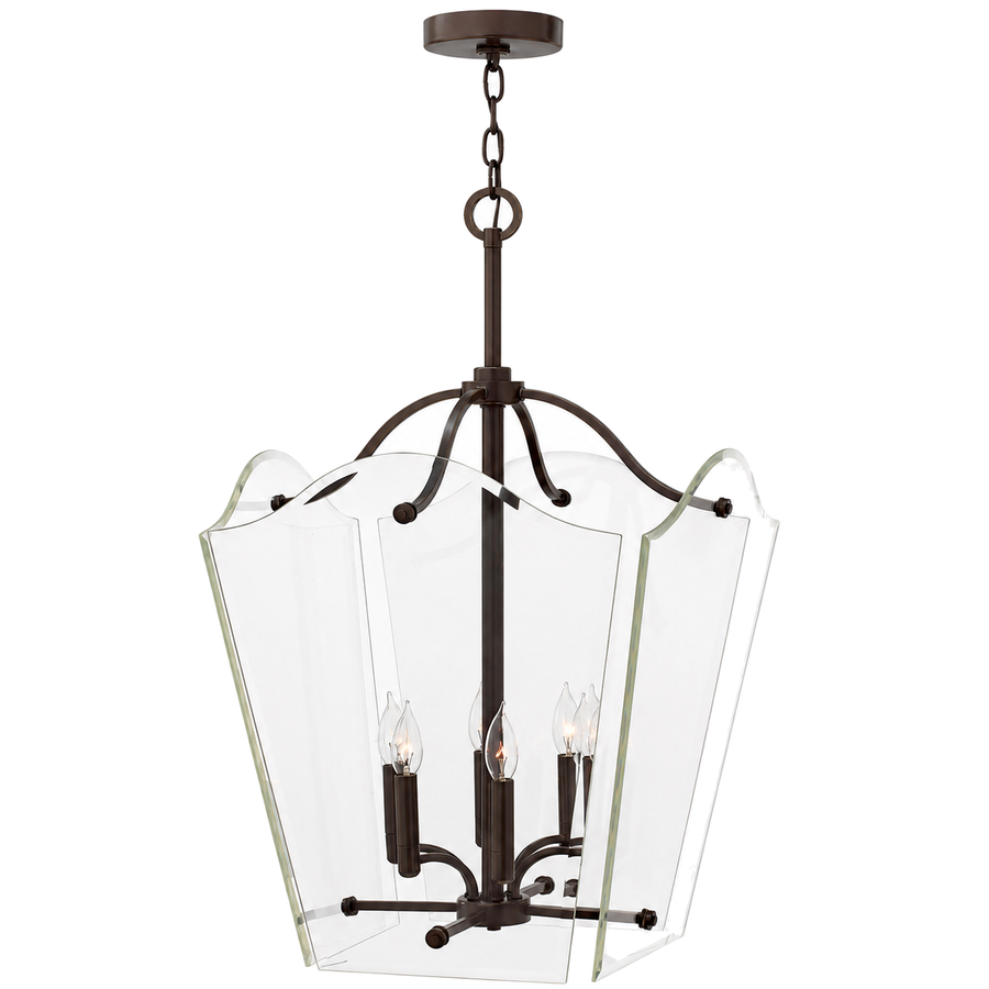 Hinkley Wingate 3008OZ foyer lantern with tall clear panels, scalloped edges and an Oil Rubbed Bronze frame