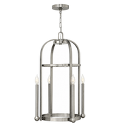 Hinkley Landon Brushed Nickel foyer pendant with an arched open frame and extended candle sleeves