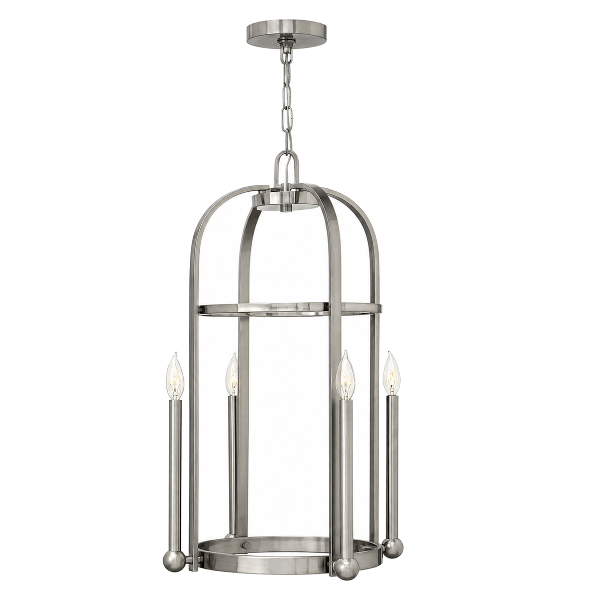 Hinkley Landon Brushed Nickel foyer pendant with an arched open frame and extended candle sleeves
