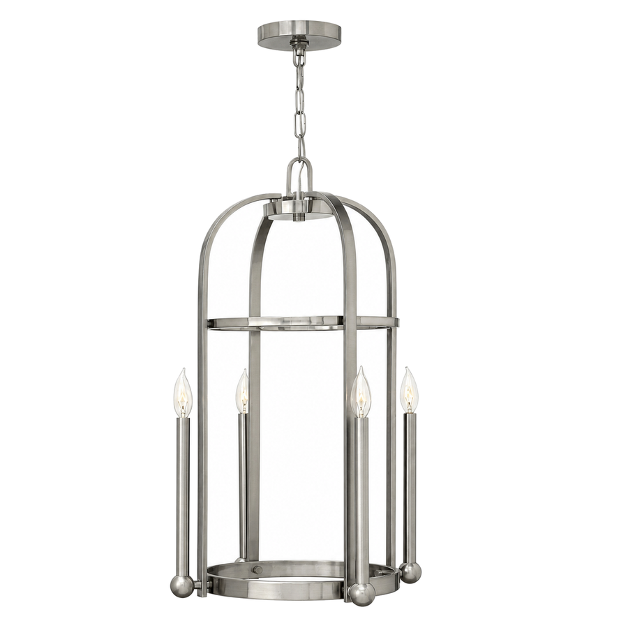 Hinkley Landon Brushed Nickel foyer pendant with an arched open frame and extended candle sleeves