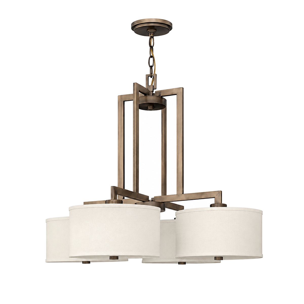 Hinkley Hampton bronze chandelier with four separate off-white drum shades